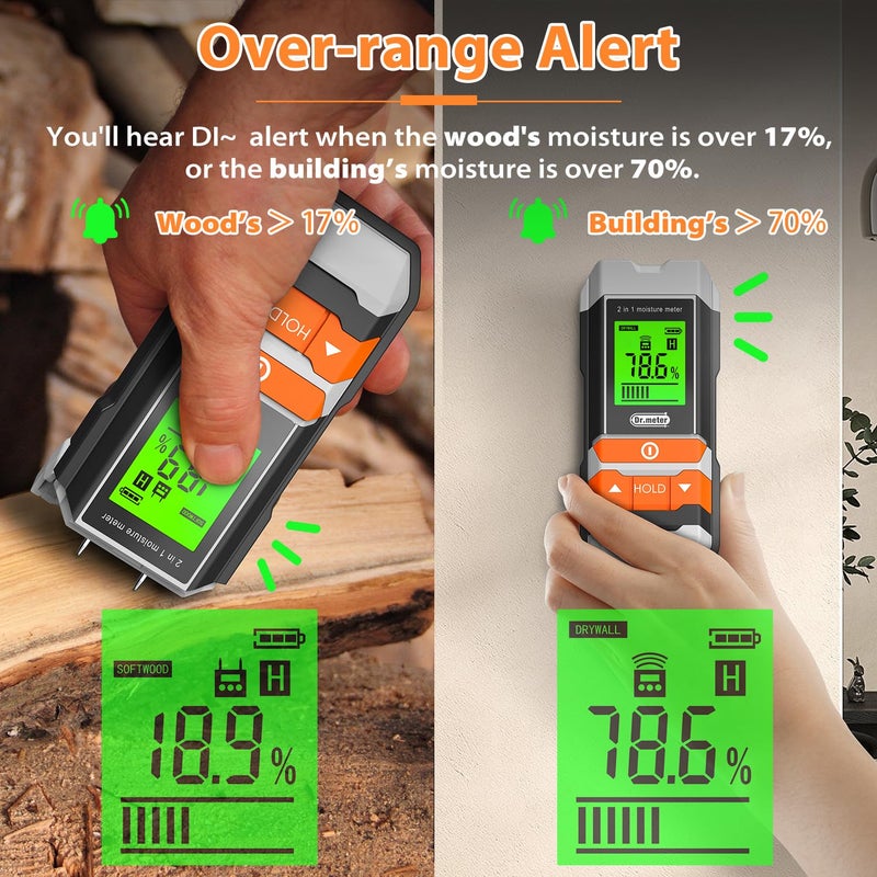 Dr.meter Wood Moisture Meter, 2 in 1 Pin & Pinless Moisture Tester, Digital Dampness Moisture Sensor Detector for Wood Firewood Drywall Paper Floor Woodworking, Water Leak Detector - Image 5